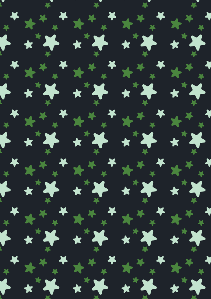 Playful star pattern with scattered mint and green stars in a seamless celestial repeat on a dark navy background