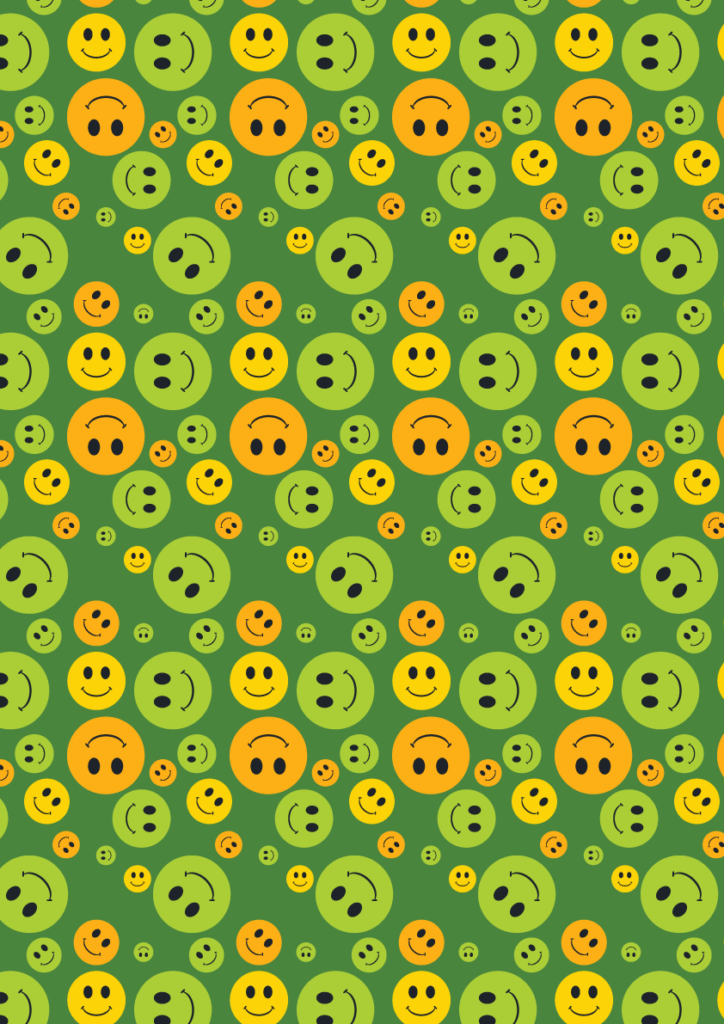 Seamless smiley face pattern in green and yellow tones with playful retro happy faces on a dark green background, ideal for fabric, wallpaper, and kids’ designs