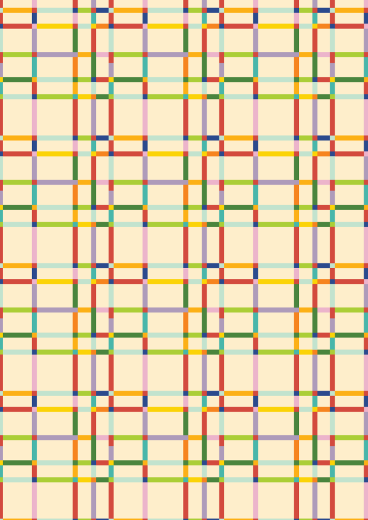 Seamless multicolored plaid pattern with intersecting stripes in red, green, blue, and yellow on a warm beige background, classic tartan-style design for fabric, apparel, and home decor