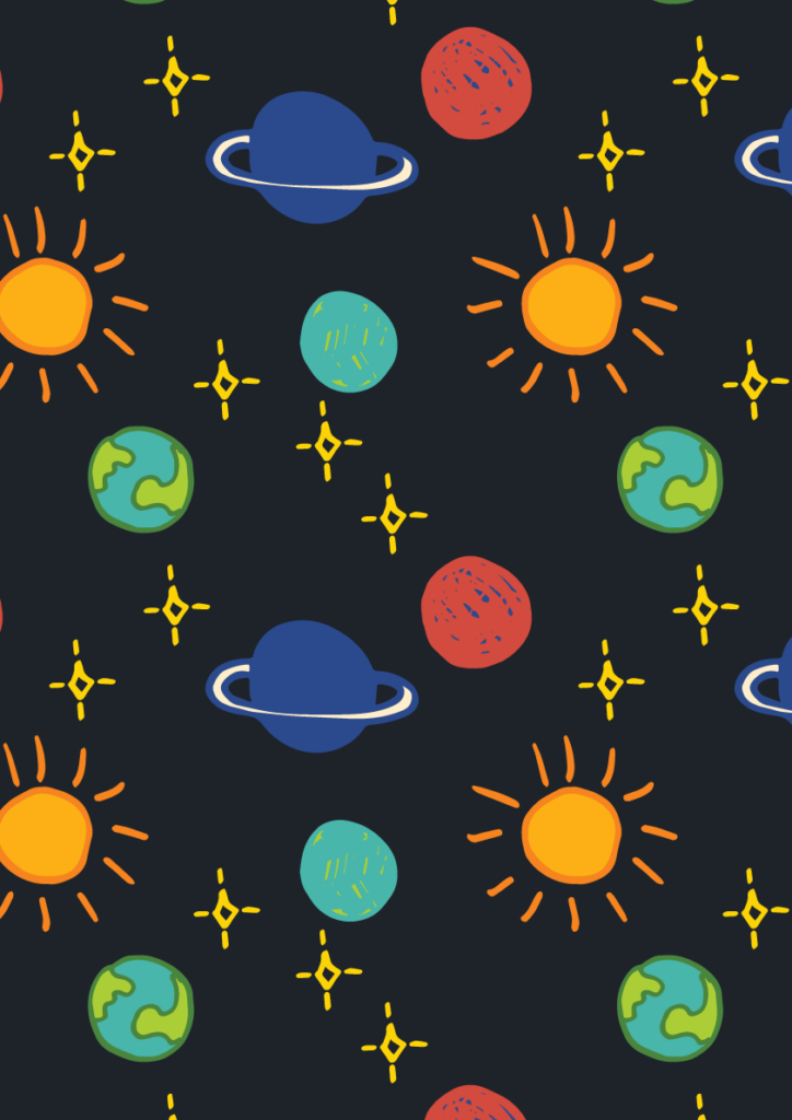 Playful outer space pattern with suns, planets, stars, and Earth motifs in a colorful seamless repeat on a dark navy background