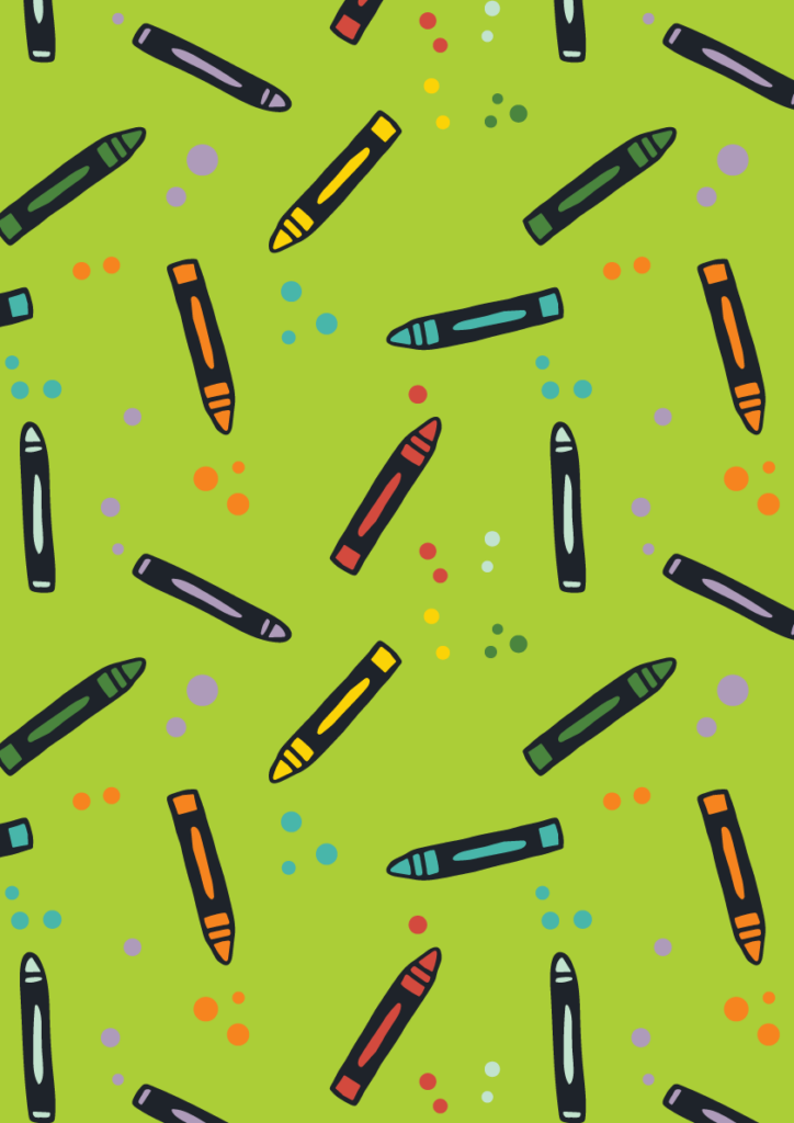 Playful crayon pattern with colorful hand-drawn crayons and dotted accents in a seamless repeat on a bright green background
