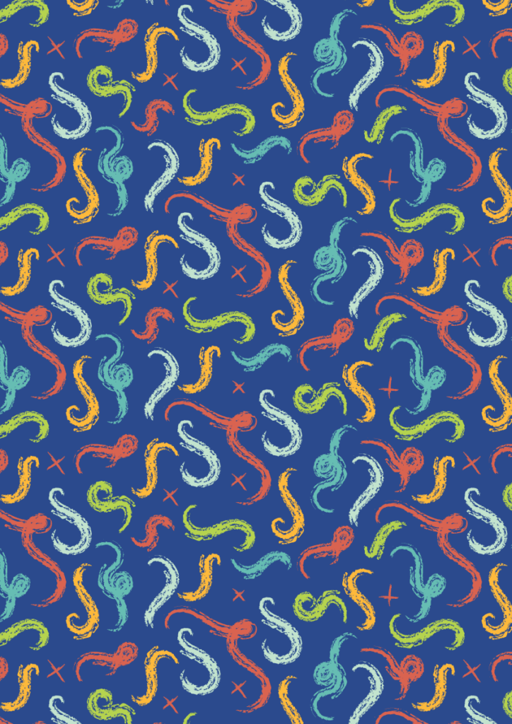 Playful abstract squiggle pattern with colorful hand-drawn brushstroke shapes in a seamless repeat on a deep blue background
