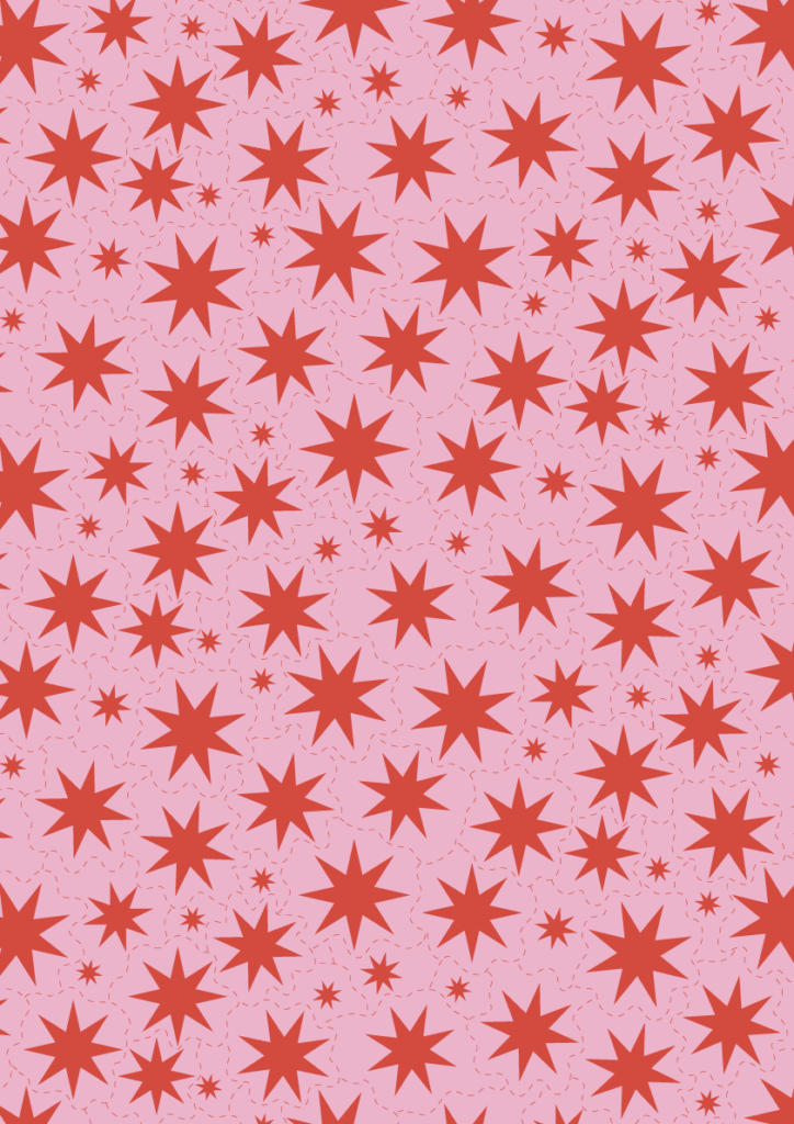 Retro red starburst pattern with scattered geometric stars in a bold seamless repeat on a soft pink background