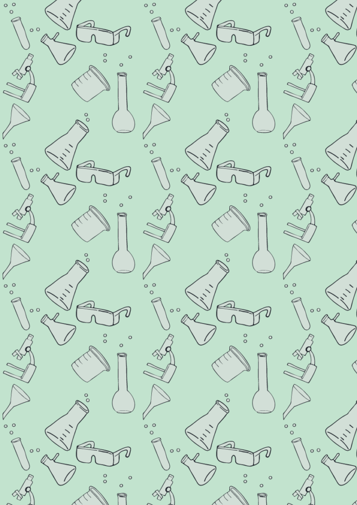Science lab pattern with microscopes, beakers, test tubes, funnels, and safety goggles in a playful seamless repeat on a soft mint background