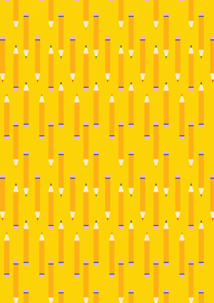 Playful pencil pattern with scattered yellow pencils in a bright seamless school-themed repeat on a golden background