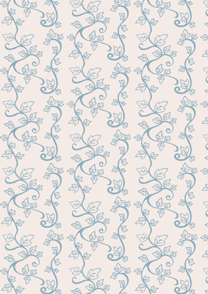 Delicate blue trailing vine pattern with curling leaves in a seamless botanical repeat on a soft neutral background