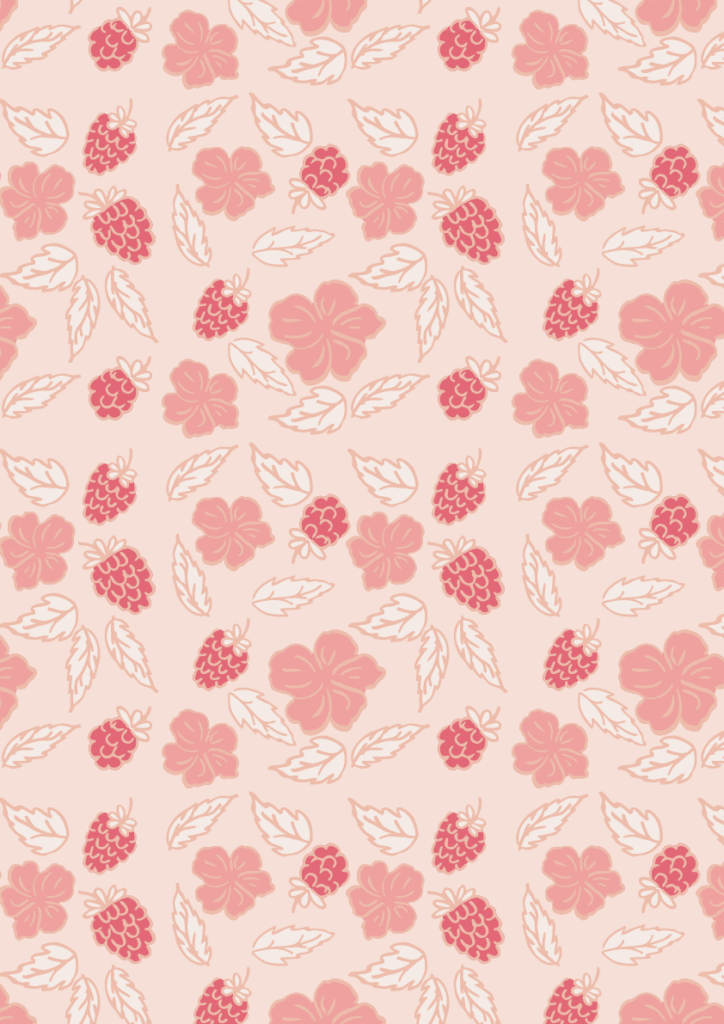 Pink floral and berry pattern with scattered blossoms, leaves, and raspberries in a soft seamless repeat