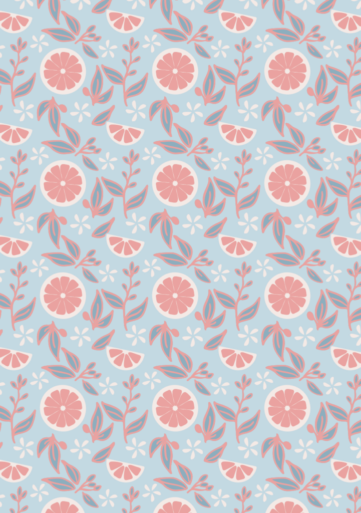 Playful citrus fruit pattern with pink grapefruit slices, leafy sprigs, and small white flowers on a light blue background