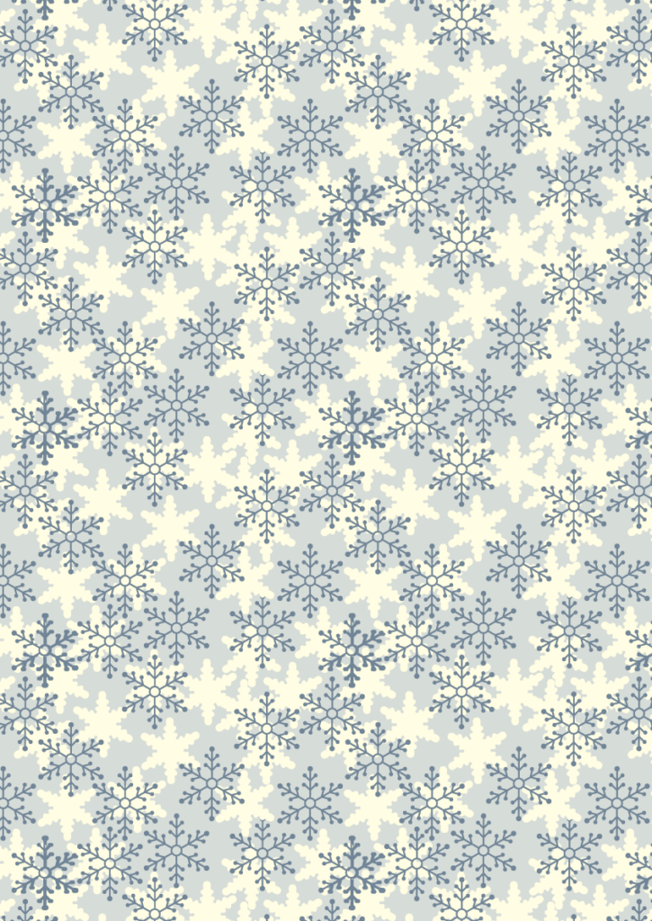 Winter snowflake pattern with layered blue and ivory snowflakes in a delicate seamless repeat on a soft gray background