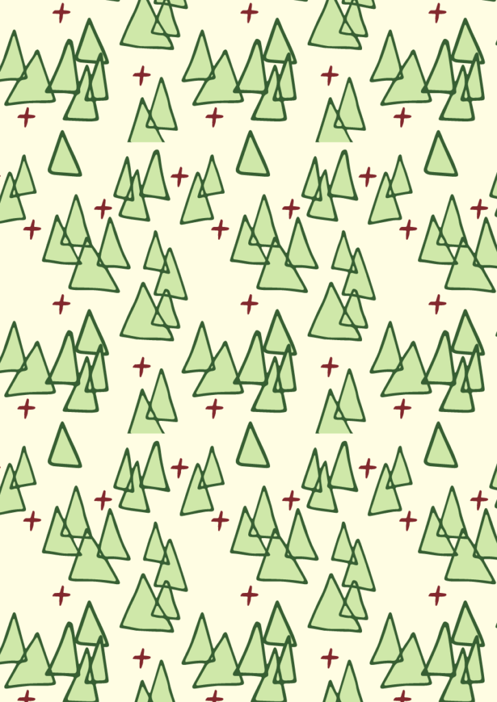 Minimal pine tree pattern with hand-drawn green evergreens and small red accents in a playful seamless woodland repeat