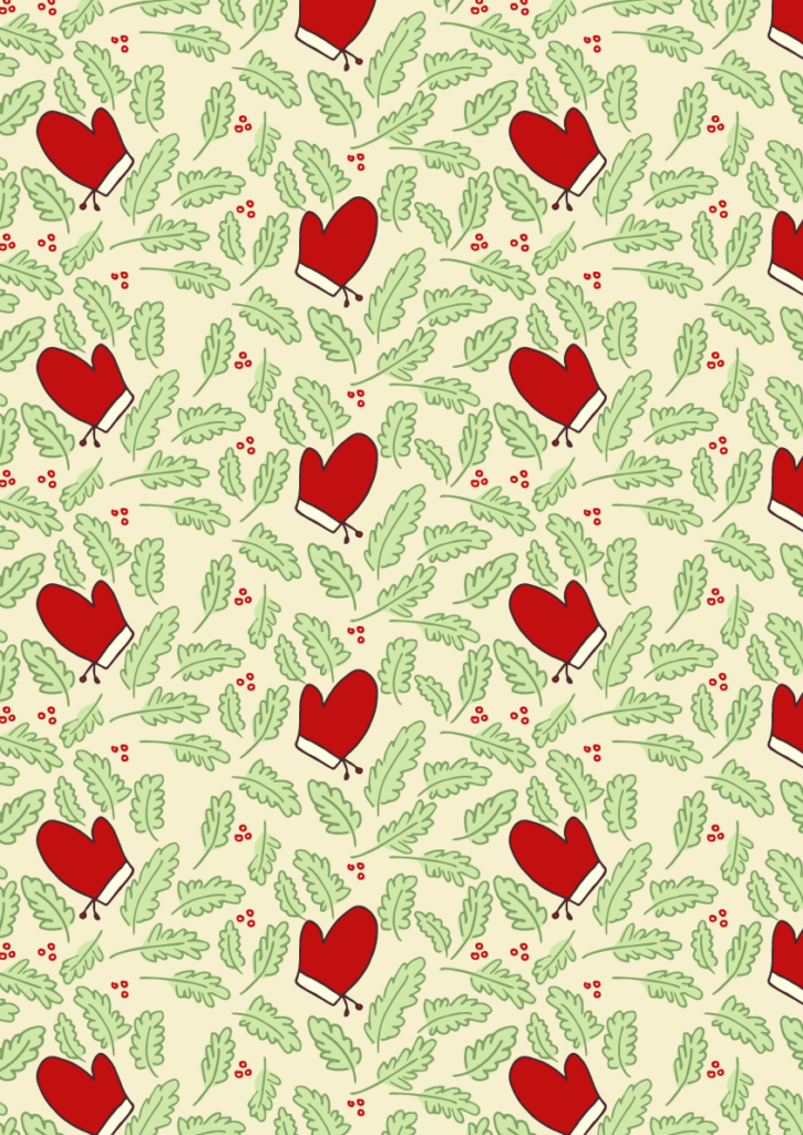 Festive winter pattern with red mittens, soft green leaves, and tiny red berries in a playful seamless holiday repeat
