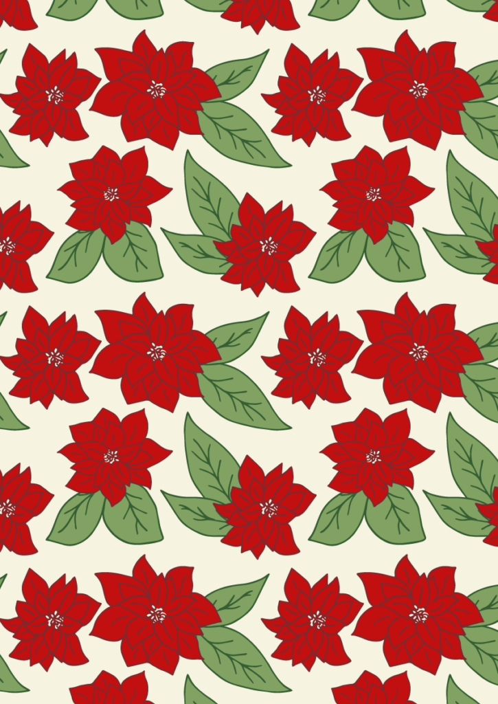 Red poinsettia floral pattern with green leaves in a festive seamless Christmas repeat on a soft cream background