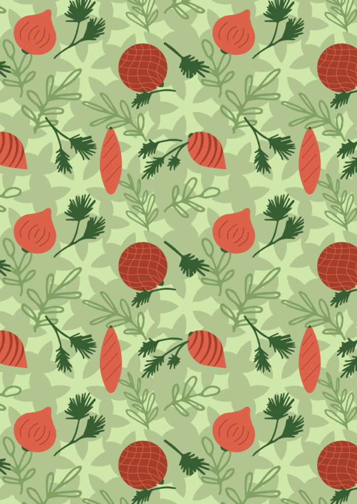 Whimsical Christmas ornament pattern with baubles, hanging decorations, pine sprigs, and soft green foliage in a playful seamless holiday repeat