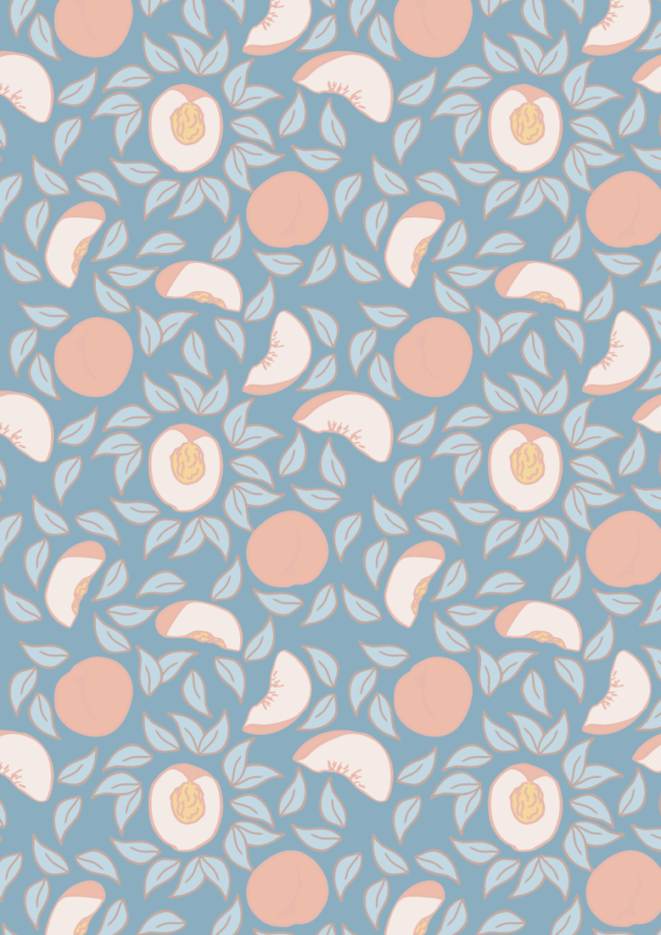 Peach fruit pattern with whole peaches, sliced peaches, and scattered leaves in a soft seamless repeat on a blue background