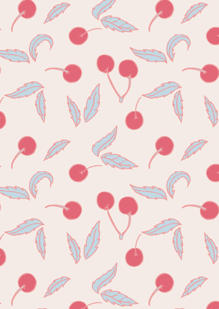 Sweet cherry pattern with pink cherries and soft blue leaves in a playful seamless fruit repeat on a blush background
