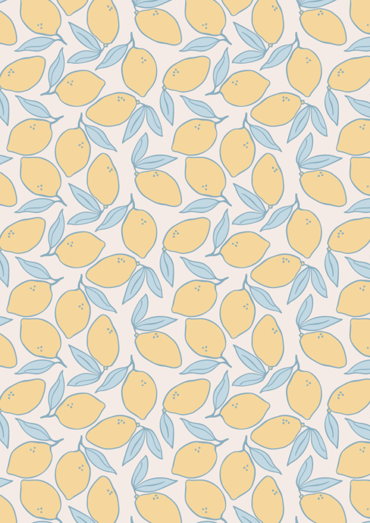 Lemon fruit pattern with soft yellow lemons and pale blue leaves in a fresh seamless citrus repeat on a neutral background