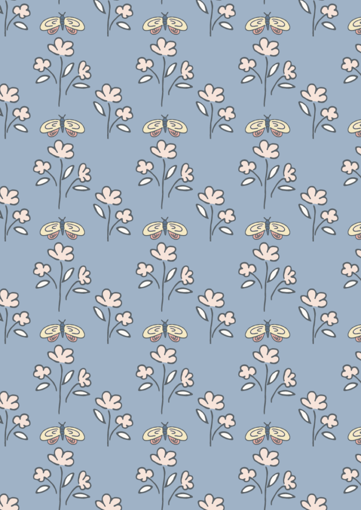 Delicate moth and wildflower pattern with cream blossoms on a dusty blue background in a soft seamless botanical repeat