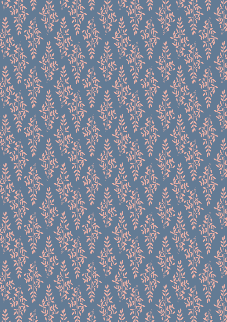 Delicate blush leaf pattern with trailing botanical sprigs in a seamless repeat on a dusty blue background