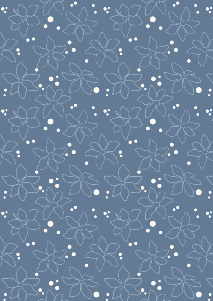 Minimal floral outline pattern with scattered blossoms and white dot accents in a seamless repeat on a dusty blue background