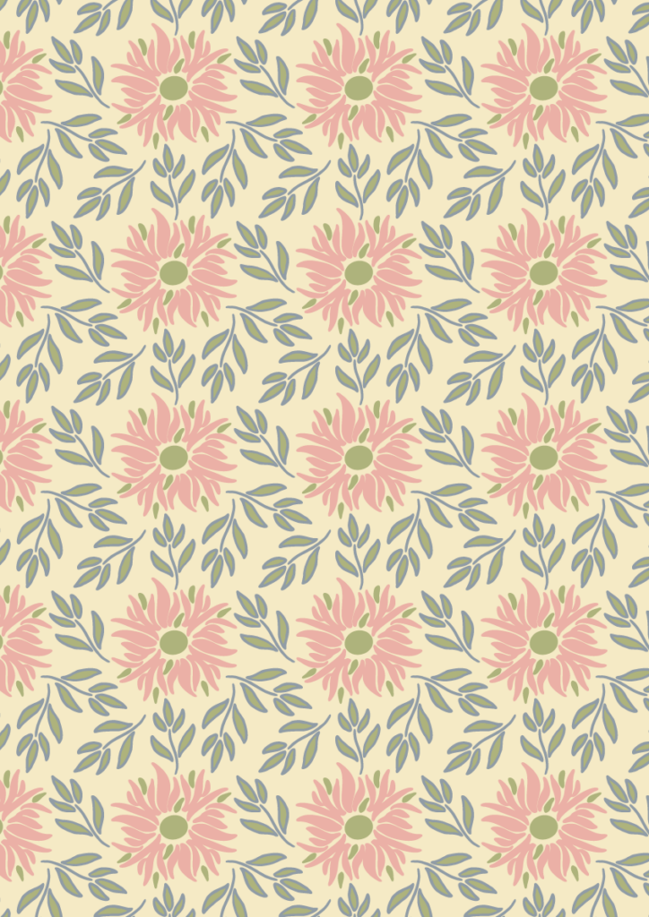 Soft pink daisy floral pattern with blue leafy sprigs in a charming seamless repeat on a warm cream background