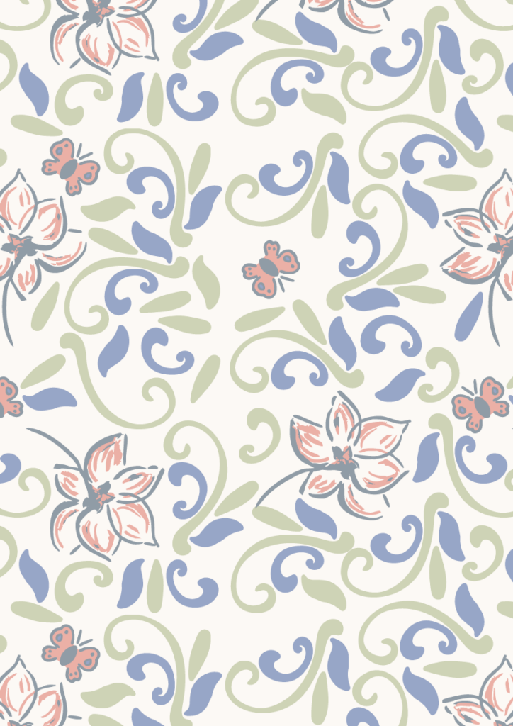 Whimsical floral scroll pattern with blush blossoms, blue swirls, sage leaves, and small butterflies in a seamless decorative repeat