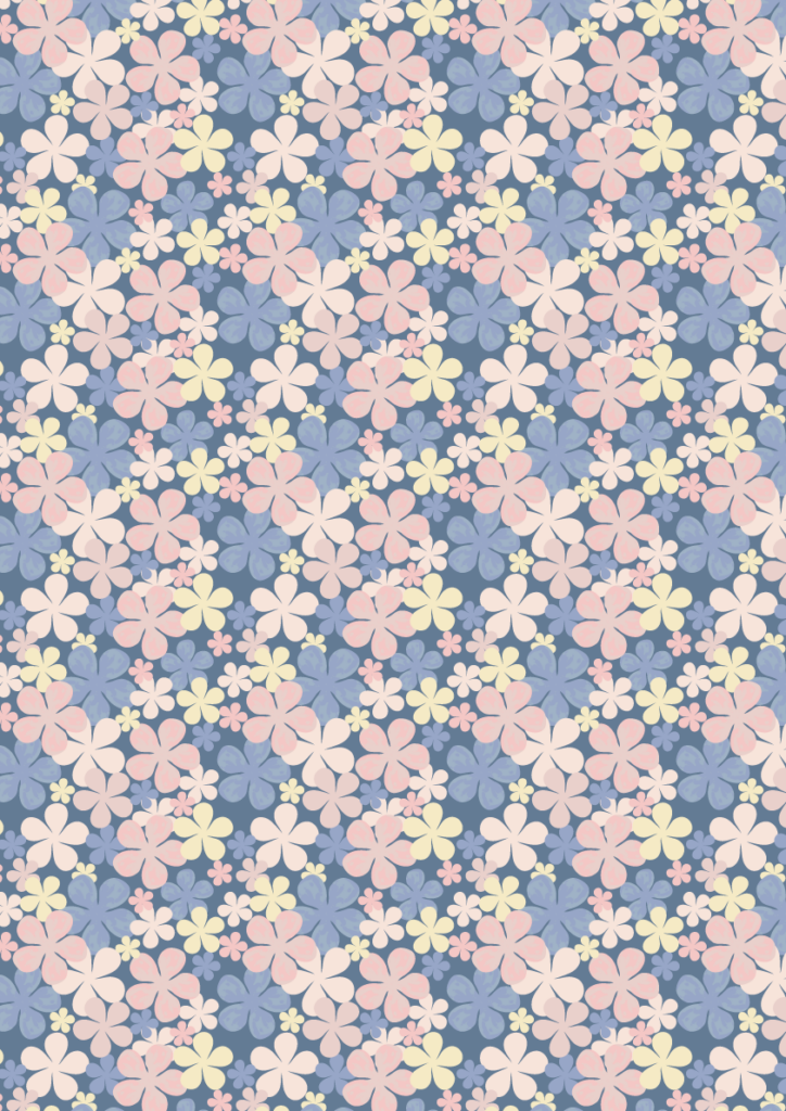 Small-scale floral pattern with pastel pink, blue, and cream blossoms in a dense seamless repeat on a dusty blue background