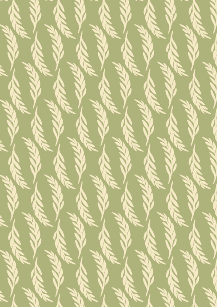 Minimal leafy stripe pattern with cream botanical sprigs in a soft seamless repeat on a muted sage green background
