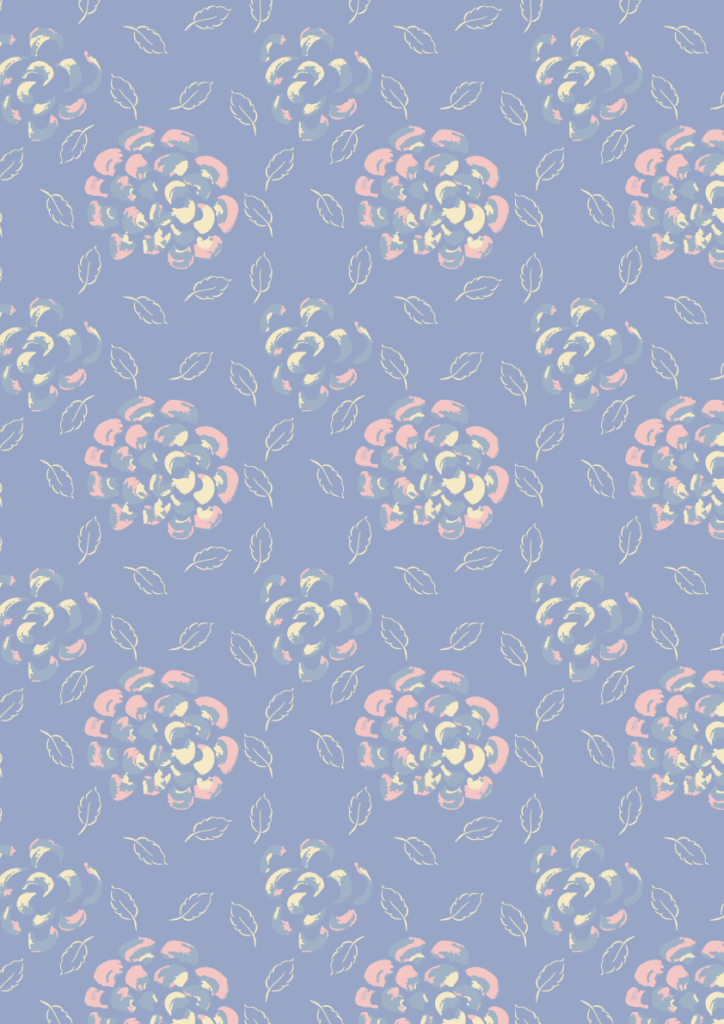 Painterly floral pattern with soft blush and cream blooms and delicate leaf outlines in a seamless repeat on a dusty periwinkle background