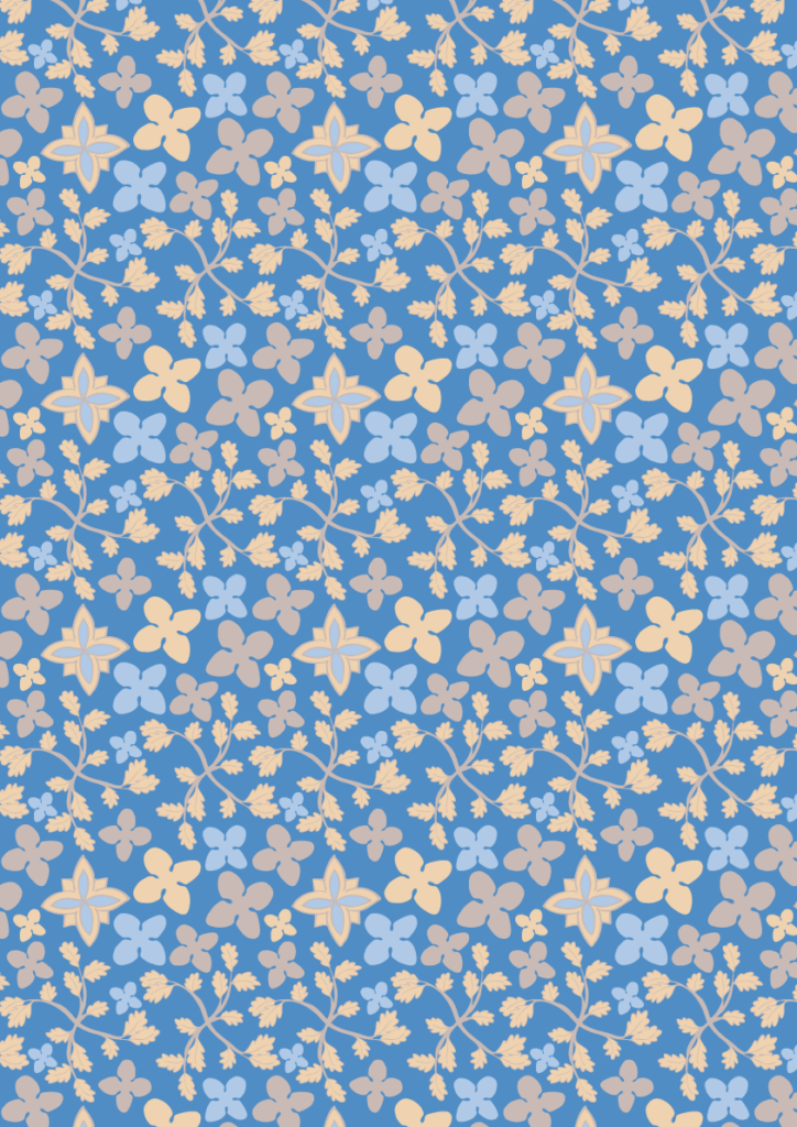 Small-scale floral pattern with soft blue, beige, and taupe blossoms and delicate vine sprigs in a seamless repeat on a medium blue background