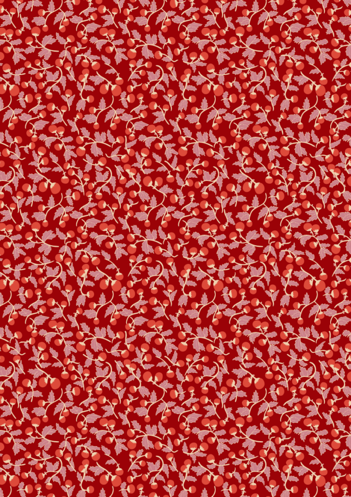 Dense tomato vine pattern with trailing stems, small red tomatoes, and delicate leaves in a rich seamless botanical repeat on a deep red background