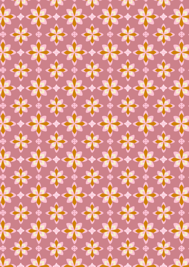 Retro geometric floral pattern with stylized pink and ochre flower motifs in a seamless repeat on a dusty rose background