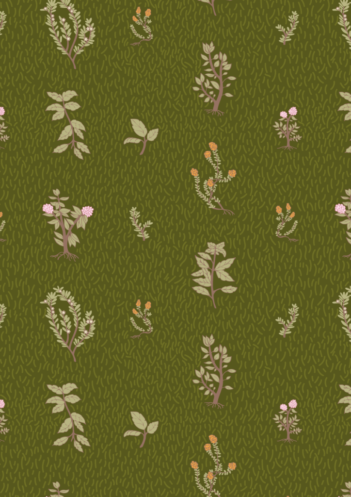 Scattered botanical sprig pattern with delicate wildflowers and leafy stems in a whimsical seamless repeat on an olive green textured background