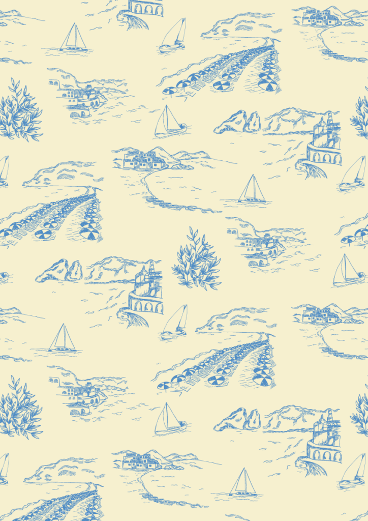 Mediterranean coastal toile pattern with blue seaside illustrations, sailboats, beach umbrellas, cliffs, and village scenes in a seamless repeat