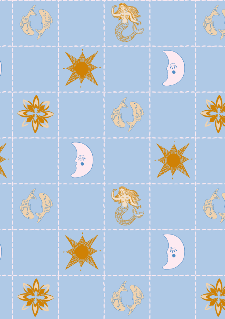 Seamless celestial and ocean-inspired pattern with mermaids, sunbursts, moons, and koi fish arranged in a grid on a soft blue background, whimsical coastal design for fabric, wallpaper, and stationery