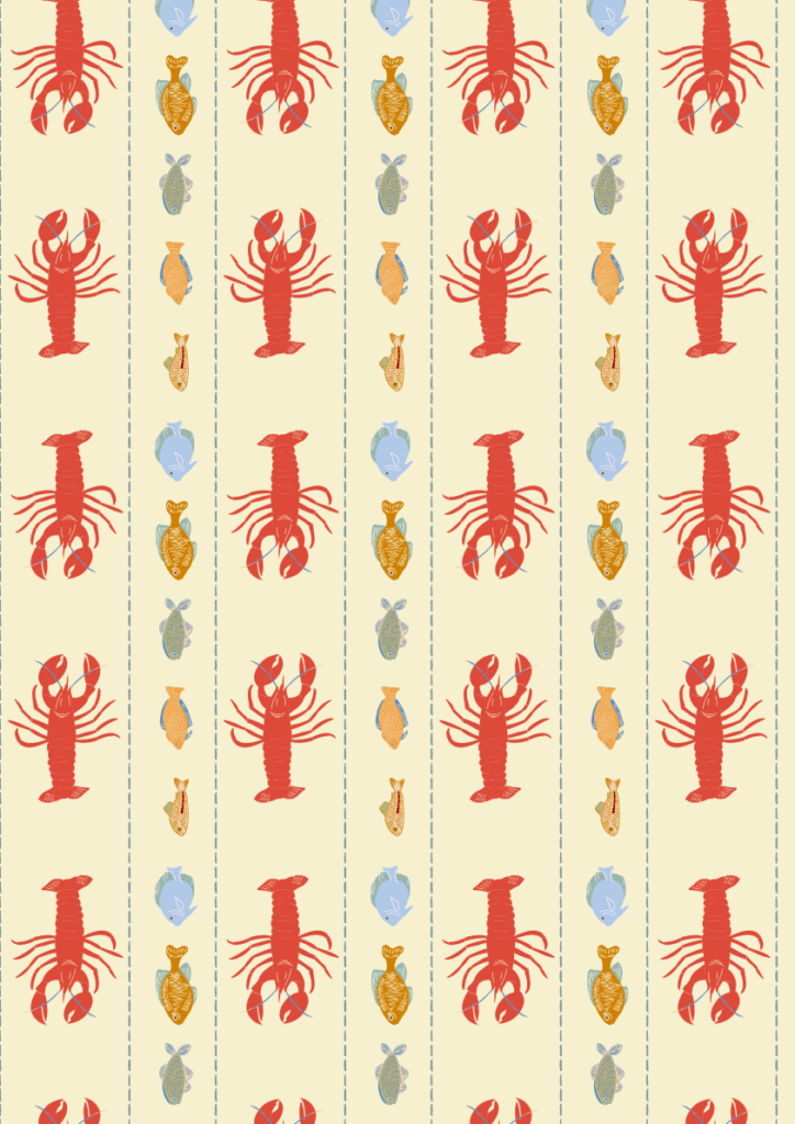 Coastal seafood pattern with red lobsters and decorative fish in a striped seamless repeat on a soft cream background