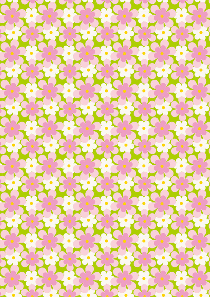 Retro daisy floral pattern with pink and white flowers in a dense seamless repeat on a bright green background