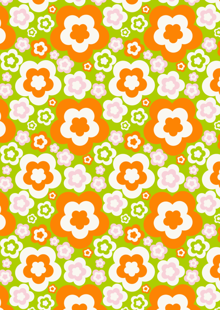 Retro mod floral pattern with oversized orange and white flowers, pink blossoms, and a bright green background in a seamless repeat