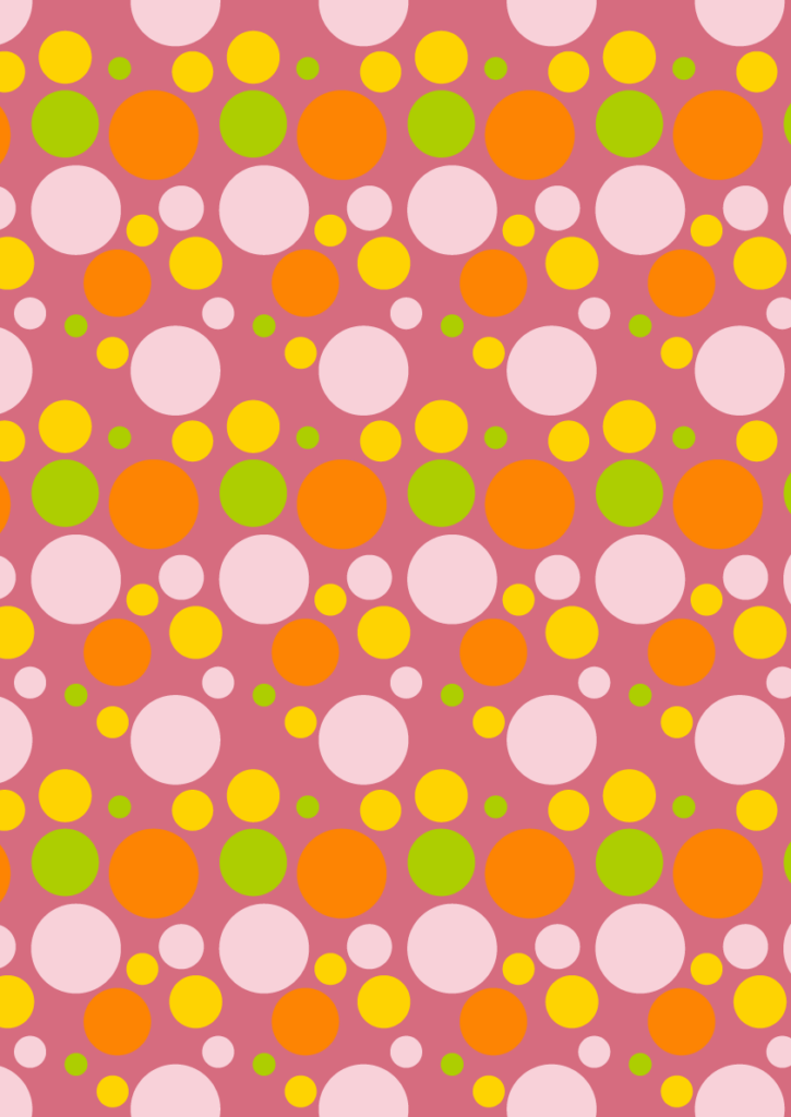Retro polka dot pattern with oversized pink, orange, yellow, and green circles in a playful geometric seamless repeat