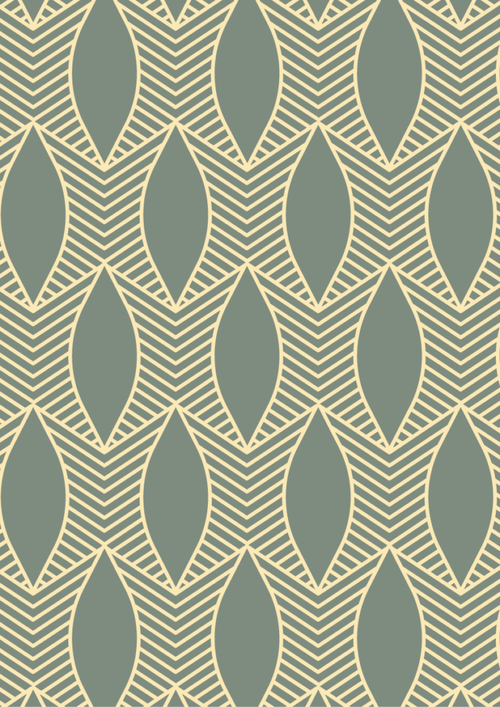Art deco geometric pattern with elongated sage oval motifs and cream chevron lines in a bold seamless repeat