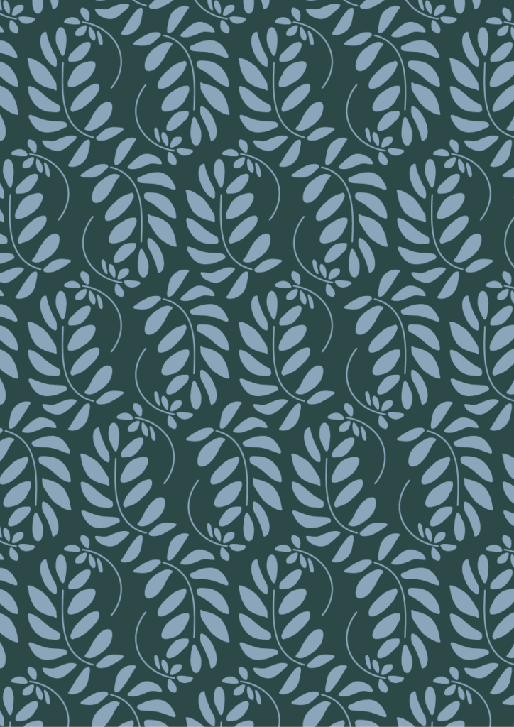 Stylized leafy vine pattern with soft blue botanical shapes in a flowing seamless repeat on a deep teal background