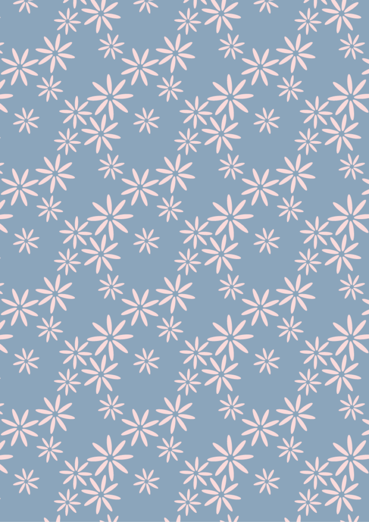 Seamless daisy floral pattern with soft pink flowers on a muted blue background, delicate ditsy print for fabric and wallpaper