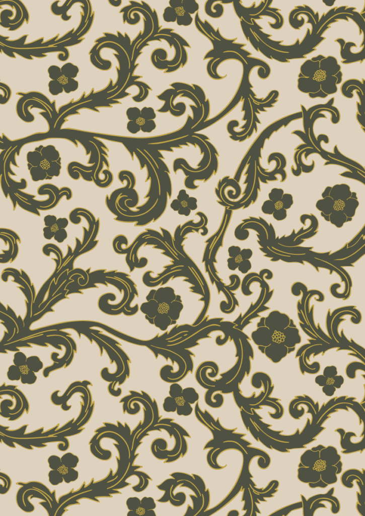 Bold ornamental damask pattern with dark olive scrollwork and floral motifs in an elegant seamless repeat on a warm cream background