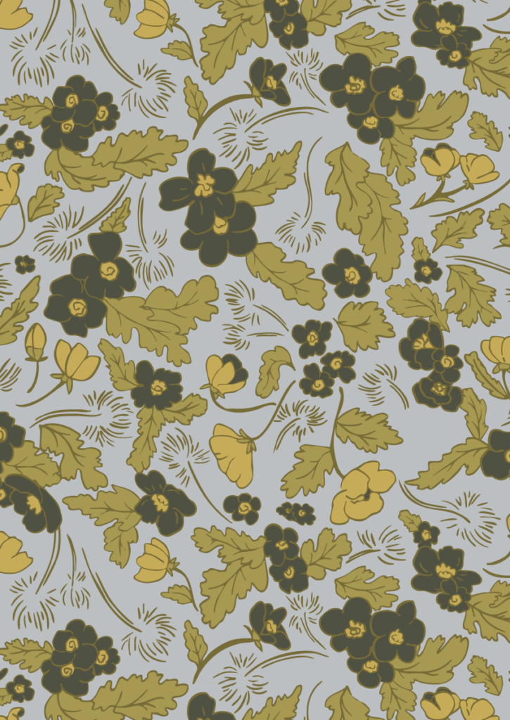 Vintage floral pattern with olive green leaves, dark blossoms, and golden flowers in a detailed seamless botanical repeat on a soft gray background