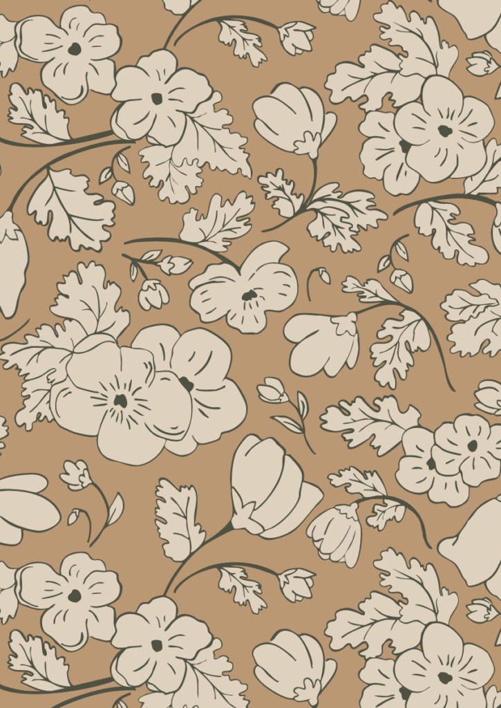 Elegant floral linework pattern with cream blossoms and leafy stems in a flowing seamless repeat on a warm taupe background