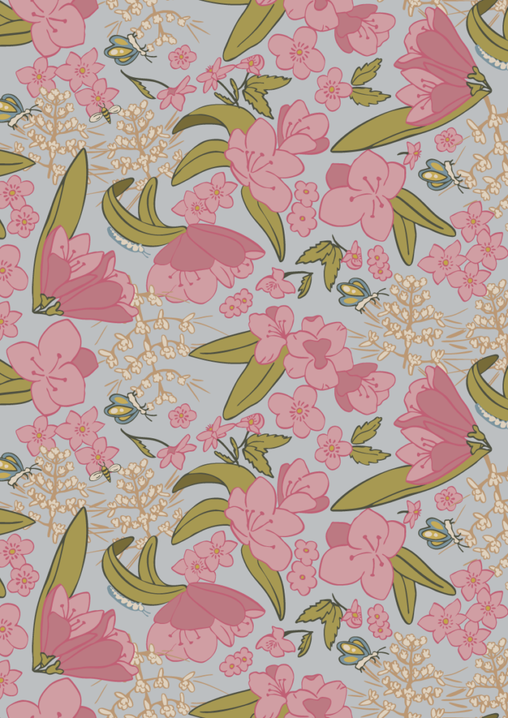 Romantic floral pattern with pink blossoms, olive green leaves, delicate wildflowers, and small bees in a detailed seamless repeat on a soft gray background