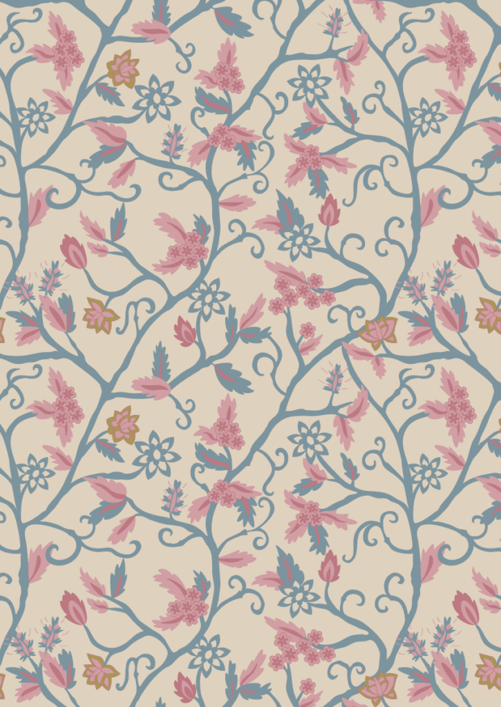 Elegant trailing floral vine pattern with pink blossoms and soft blue leaves in a romantic seamless repeat on a warm cream background