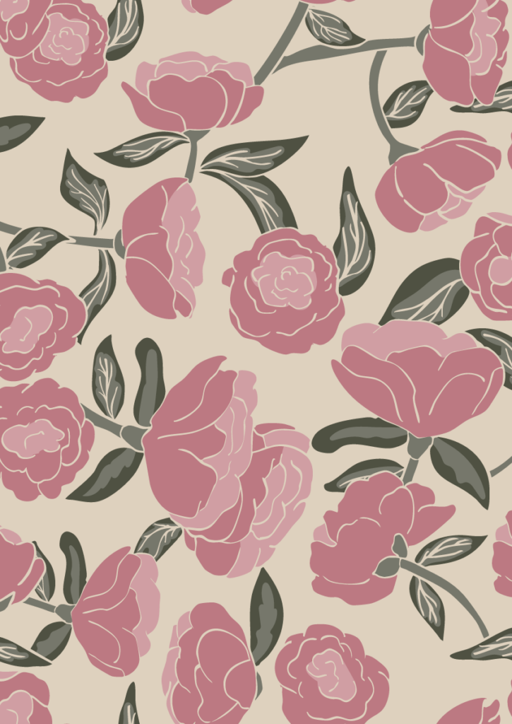 Romantic rose pattern with blush pink blooms and deep sage leaves in an elegant seamless floral repeat on a warm neutral background