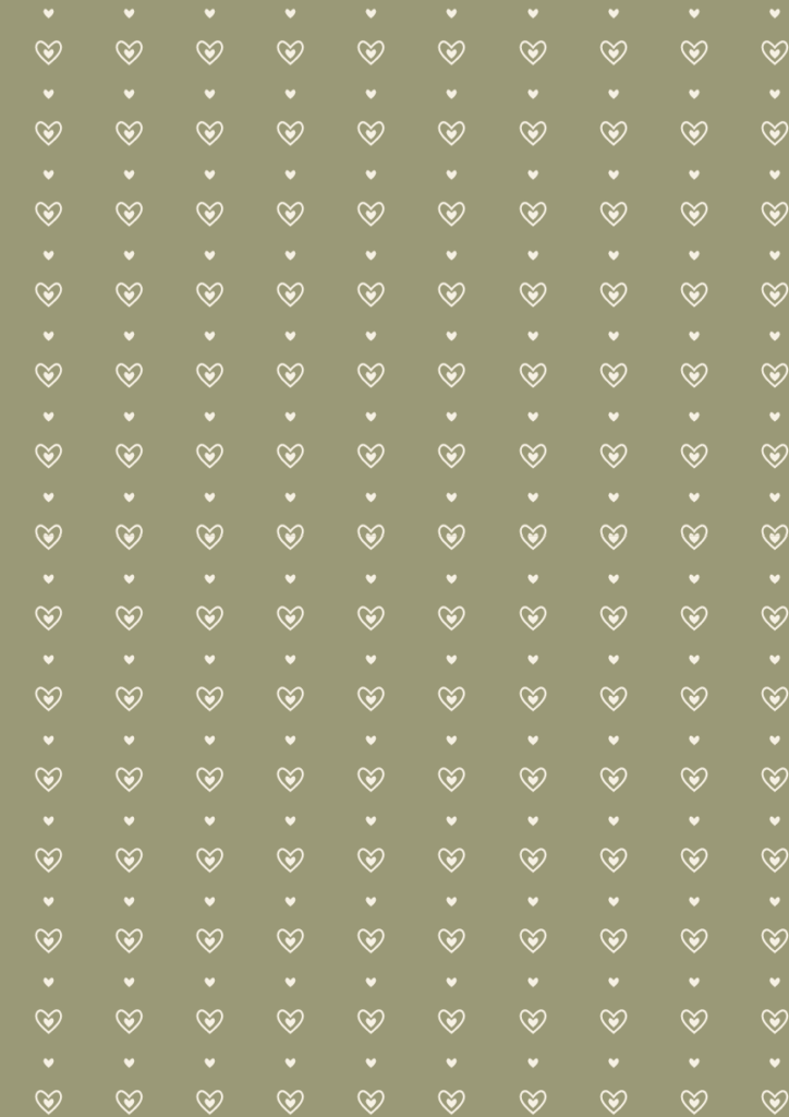 Minimal heart pattern with tiny white heart motifs in a sweet seamless repeat on a muted olive background