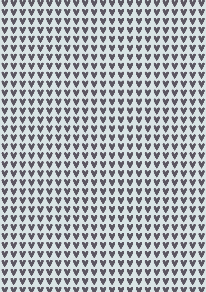 Small dark heart pattern with tightly spaced hand-drawn heart motifs in a sweet seamless repeat on a pale blue-gray background