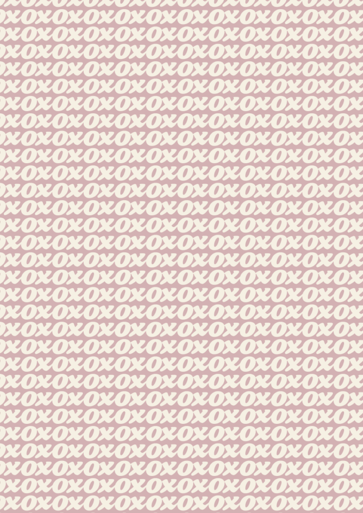 Playful XOXO pattern with repeating kiss and hug lettering in a sweet seamless repeat on a blush pink background